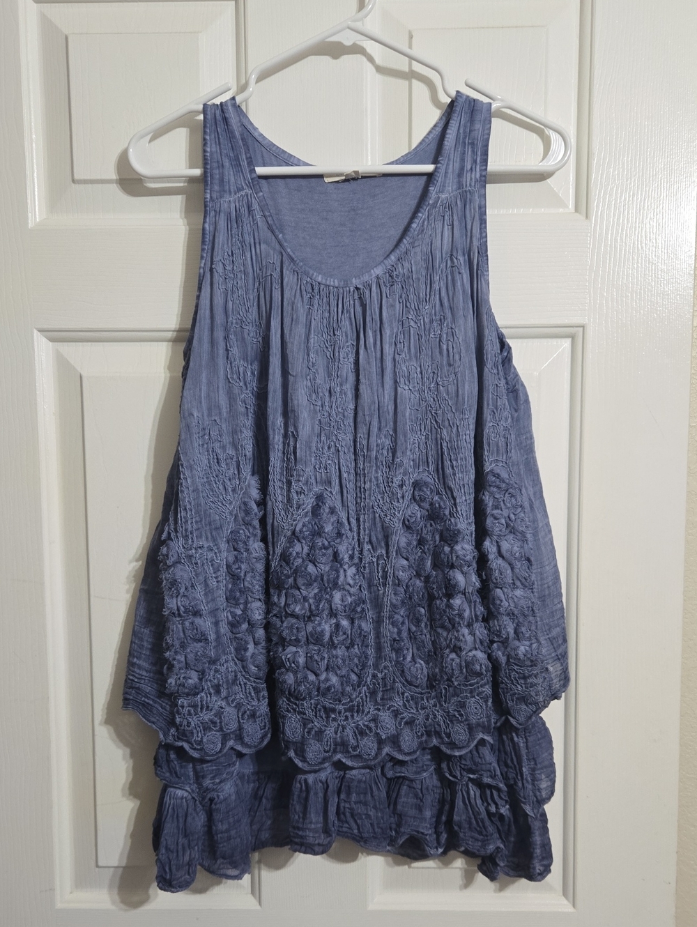 SATIN Boho Embroidered Ruffle Tank — Slate Blue